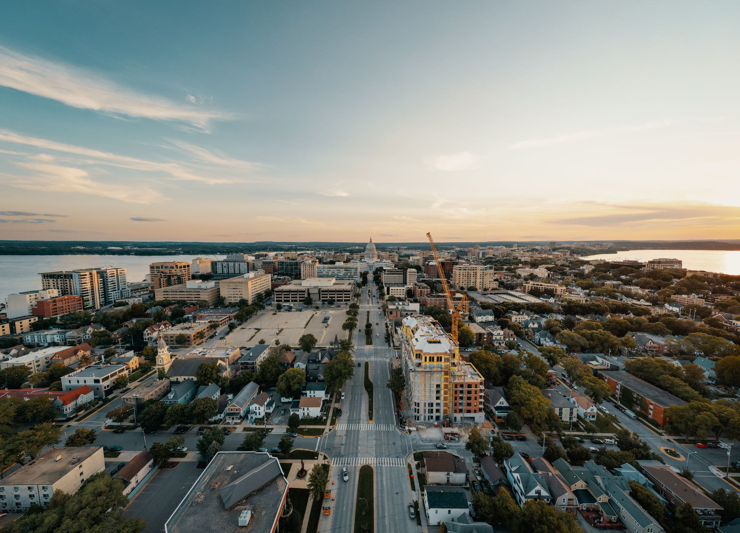 Aerial view of a Wisconsin downtown at sunset